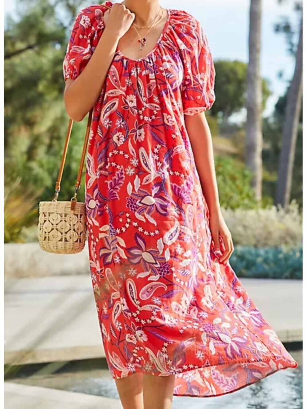 SUNDRY Anthropologie red purple floral cotton midaxi dress sz L